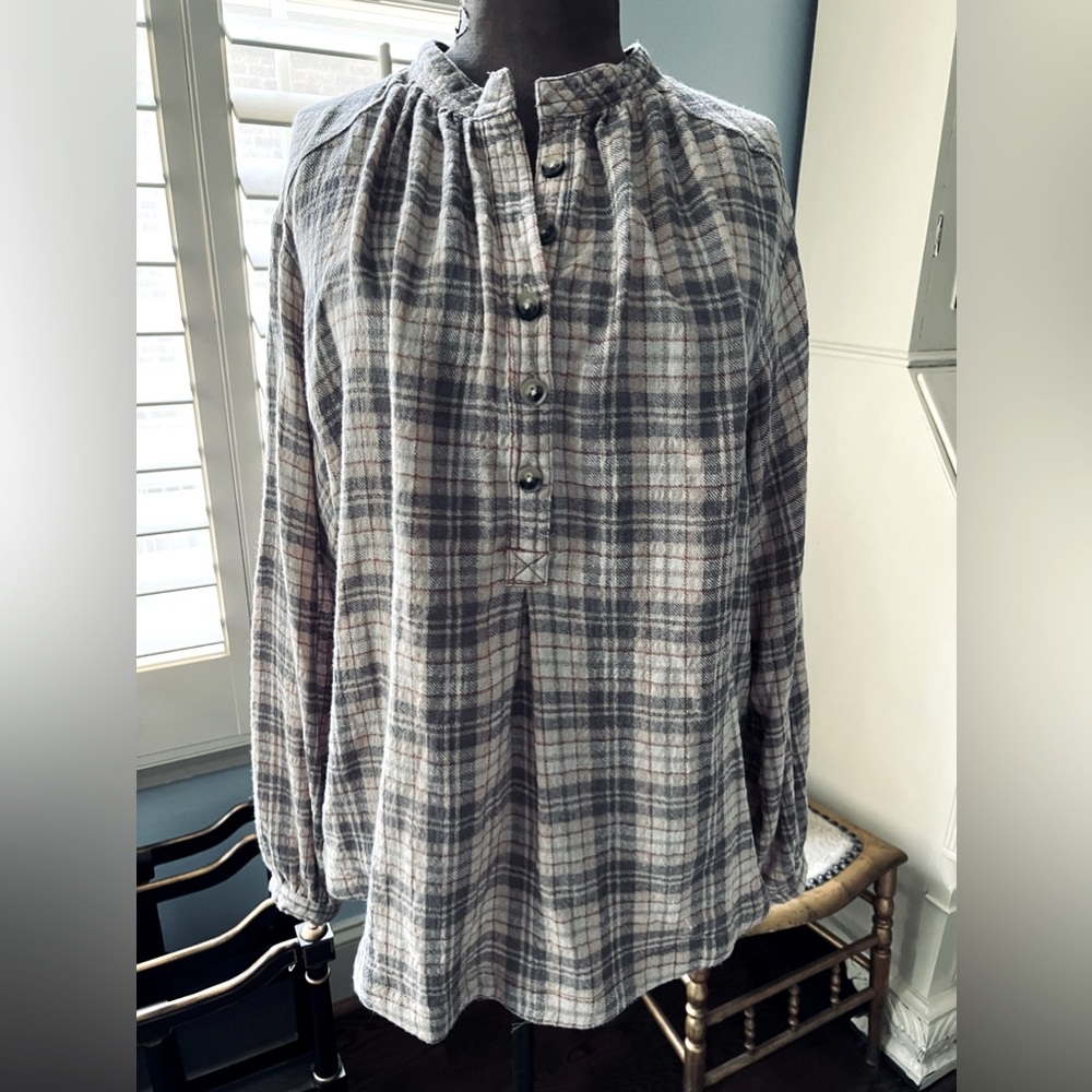 Free People plaid flannel oversized pullover top, sz XS